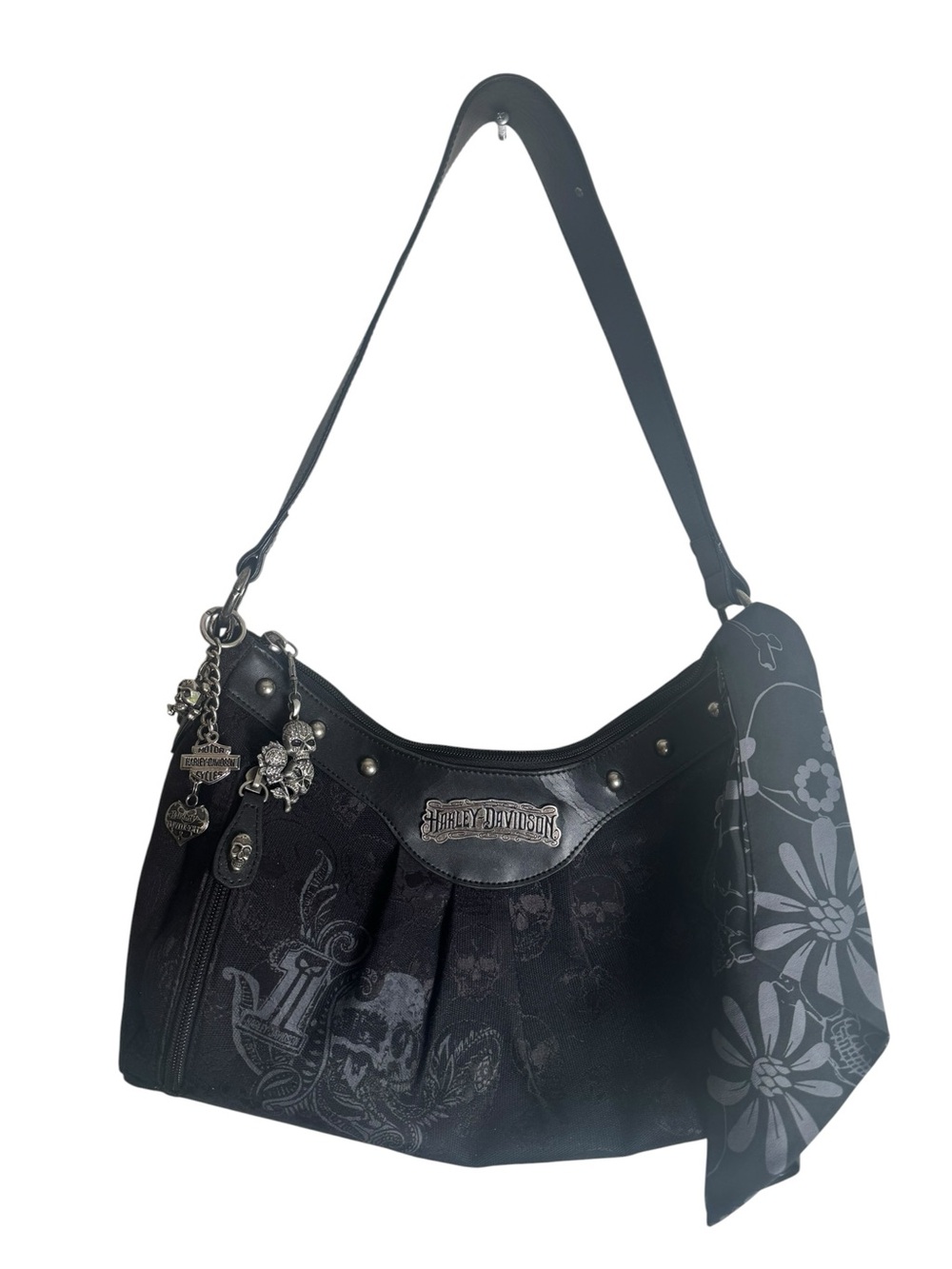Vintage Harley-Davidson Skull Floral Y2K Hobo Shoulder Bag w/ Charms + Bandana